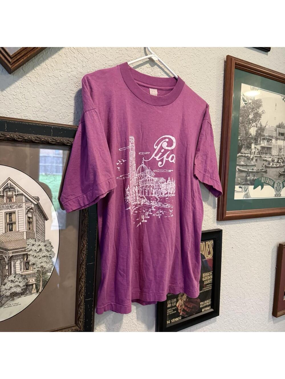 Vintage 80s RARE Leaning Tower of Pisa Italy Art Sketch Travel Shirt Size Medium - Picture 2 of 6